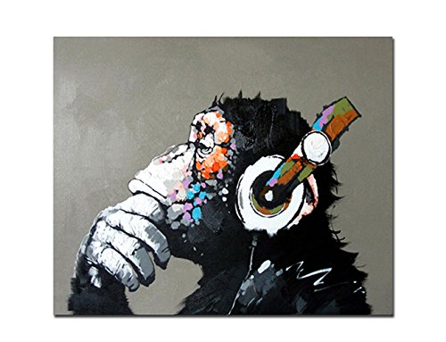 Fokenzary pintado a mano pintura lienzo Pop Art Cool Ape enmarcado listo para colgar fondo gris Size M 20x24in