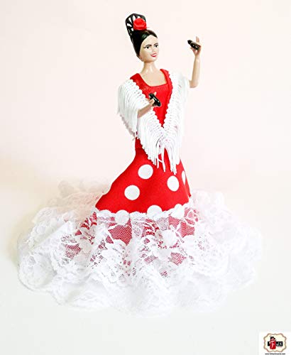 Folk Artesanía Muñeca andaluza o Flamenca 20 cm, Lunares o Vestido Liso (Negro Lunar Rojo)