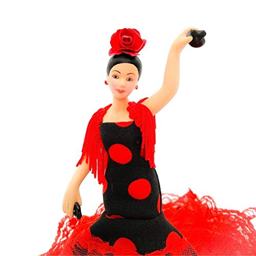 Folk Artesanía Muñeca Porcelana andaluza o Flamenca 18 cm Lunares (Rojo Lunar Negro)