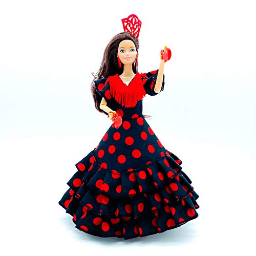 Folk Artesanía Muñeca, Vestido y Accesorios Flamenca andaluza, muñeca Similar Barbie, con Vestido, peineta, Sombrero cordobesa, Pendientes y castañuelas