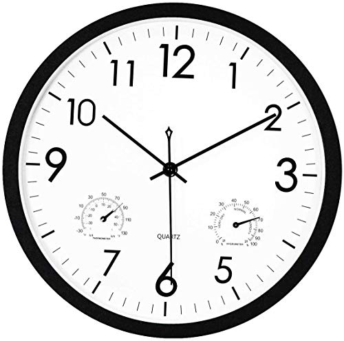 Foxtop Moderno Silencioso Reloj de Pared sin Tic TAC con Termómetro e Higrómetro, Mide Temperatura y Humedad, 30 cm Diámetro, Funciona con Pilas, Color Negro