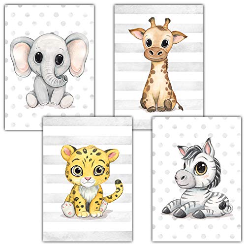 Frechdax® - Juego de 4 pósteres decorativos para habitación infantil, tamaño DIN A4, diseño de animales del bosque, África, Juego de 4 elefantes, jirafa, jaguar, cebra., DIN A4