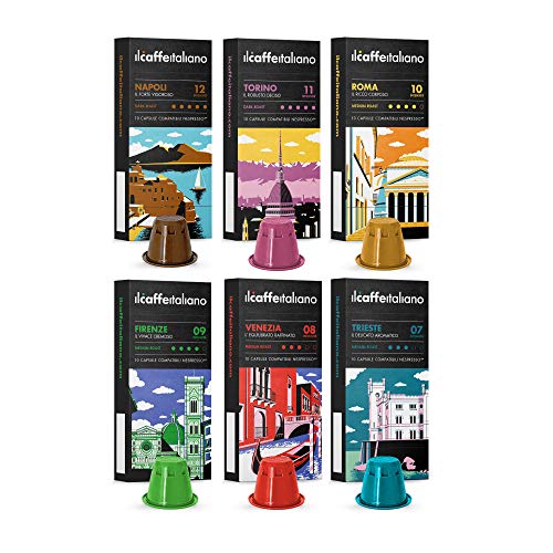 FRHOME - Nespresso 120 Cápsulas de Café compatibles - Il Caffè italiano - Tour d' Italia Kit de degustación con varias intensidades FRHOME - Nespresso 120 Cápsulas de Café compatibles - Il Caffè italiano - Tour d' Italia Kit de degustación con varias intensidades