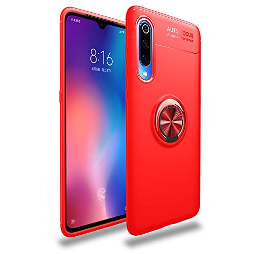 Funda Compatible con Xiaomi Mi 9/Mi 9 SE Teléfono Móvil Silicona Bumper Case Caja con Anillo Giratorio de 360 Grados Rotaria Ring Holder Protectora Caso (Red, Xiaomi Mi 9)