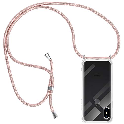 Funda con Cuerda para iPhone X/XS, Carcasa Transparente TPU Suave Silicona Case con Correa Colgante Ajustable Collar Correa de Cuello Cadena Cordón para iPhone X/XS - Oro Rosa