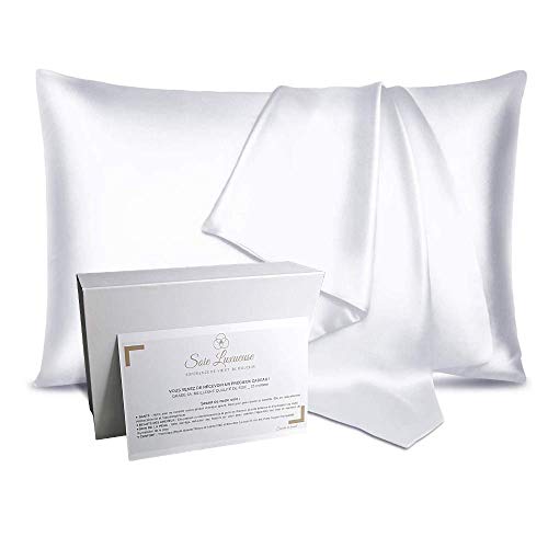 Funda de Almohada de Seda 100% Natural del árbol de la Morera 22 Momme Grado 6A Libre de químicos, Piel Bio-Sensible, Pelo Afro, Rizado, Grasa, Regalo Anti-caída (Blanco, 50x75cm) Funda de Almohada de Seda 100% Natural del árbol de la Morera 22 Momme Grado 6A Libre de químicos, Piel Bio-Sensible, Pelo Afro, Rizado, Grasa, Regalo Anti-caída (Blanco, 50x75cm)