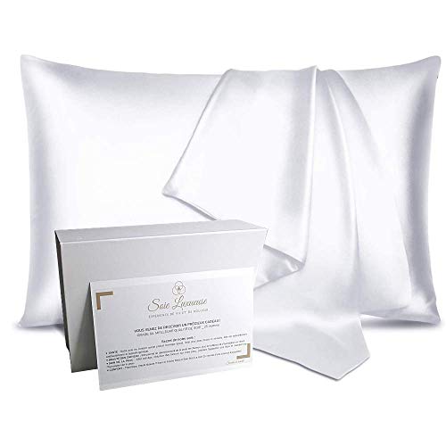 Funda de Almohada de Seda 100% Natural del árbol de la Morera 25 Momme Grado 6A Libre de químicos, Piel Bio-Sensible, Pelo Afro, Rizado, Grasa, Regalo Anti-caída (Blanco, 50x75cm) Funda de Almohada de Seda 100% Natural del árbol de la Morera 25 Momme Grado 6A Libre de químicos, Piel Bio-Sensible, Pelo Afro, Rizado, Grasa, Regalo Anti-caída (Blanco, 50x75cm)