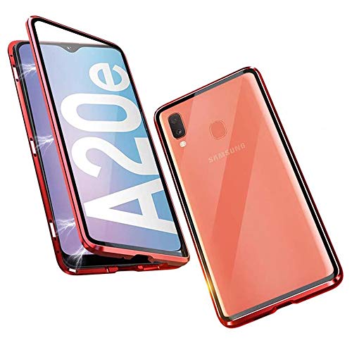 Funda Samsung Galaxy A20E Carcasa Magnética,Trasera Cristal Templado Transparente Cubierta con 360 Grados Protección Anti-Choque Metal Bumper Clear View Case Cover para Samsung A20E