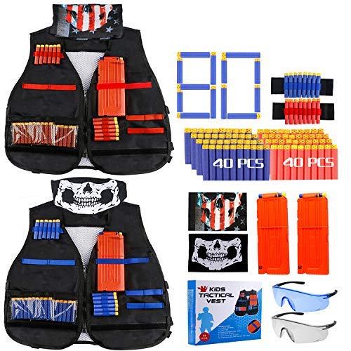 Gaflid Niños Chaleco Táctico, 2 Kit de Chaleco Táctico Nerf N-Strike Elite Series Juguetes Tácticos con 80 Espuma Dardos, 2 Quick Reload Clips, 4 Bullet Wrist Bands, 2 Scarf Mask, 2 Gafas