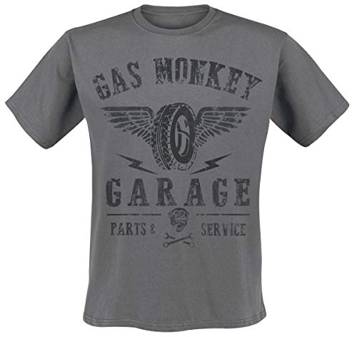 Gas Monkey Garage GMG Tyres Parts Service Camiseta, Gris (Charcoal), XL para Hombre