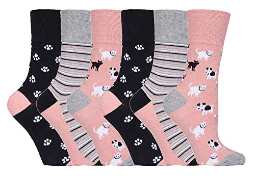 Gentle Grip - calcetines mujer sin goma colores fantasia estampados de algodon tamaño 37-42 eur (GG169 Dogs/Cats)