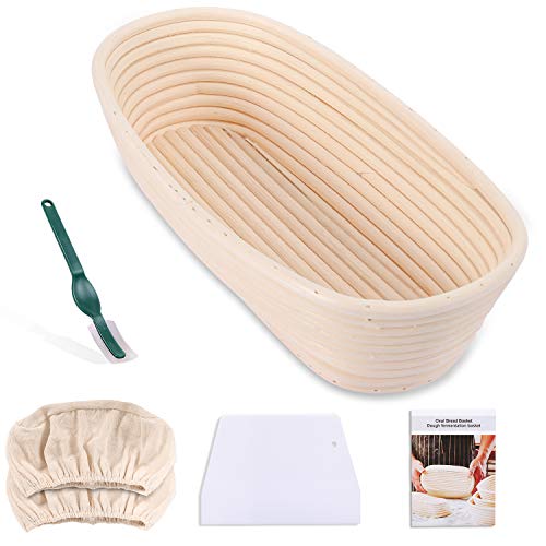 Gifort canasta de fermentación de masa de pan, forma de pan ideal Caja de pan Canasta de fermentación con pan y masa con inserto de lino y cuchillo, kit para hornear, cuchillo de panadero