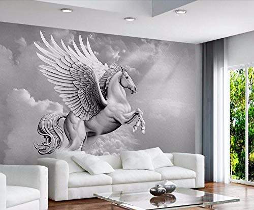 Glfeng Papel Tapiz Personalizado en Blanco y Negro, atmósfera de Estilo Europeo, murales en Relieve de Pegaso, Sala de Estar, Dormitorio, Pared, Papel Tapiz 3d-400cmx280cm