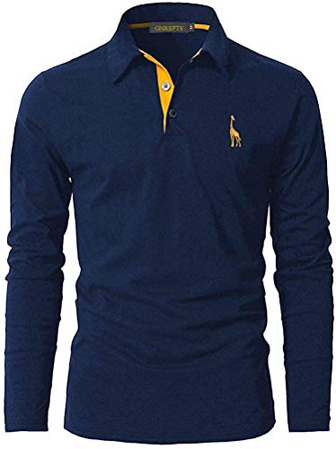 GNRSPTY Polo Manga Larga Hombre Algodon Slim Fit Camiseta Colores de Contraste Bordado de Ciervo Deporte Basic Golf Negocios T-Shirt Top,Azul,M