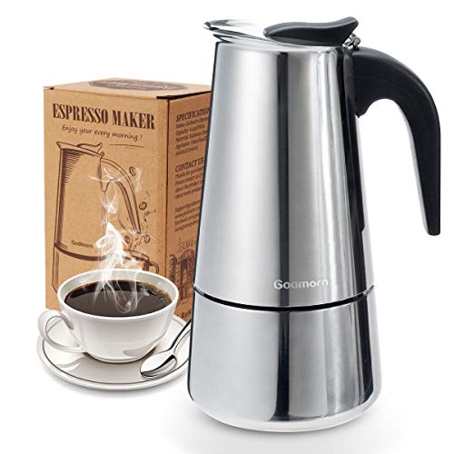 Godmorn Cafetera Italiana, Cafetera espressos en Acero inoxidable430, 10tazas(450ml),Conveniente para la Cocina de inducción,Cafetera Moka Clásica, Plata, Uso Doméstico y en la Oficina