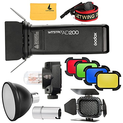 Godox 2.4 TTL HSS Dos Cabezales AD200 200 W Flash + Protector de Bombilla Flash + Reflector AD-S2 + Puerta de Granero BD-07 Kit de Filtros de Color Compatible para cámaras Nikon Sony Canon.