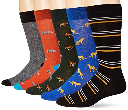 Goodthreads 5-Pack Patterned Socks Casual, Paquete para gatos y rinocerontes, Talla única, Pack de 5