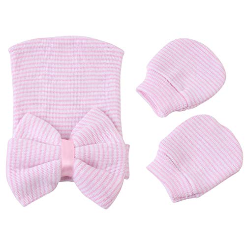 Gorro de bebé recién nacido y manoplas, gorro de hospital, gorro con lazo grande, suave y lindo nudo para guardería, gorro de punto a rayas Gorro de bebé recién nacido y manoplas, gorro de hospital, gorro con lazo grande, suave y lindo nudo para guardería, gorro de punto a rayas