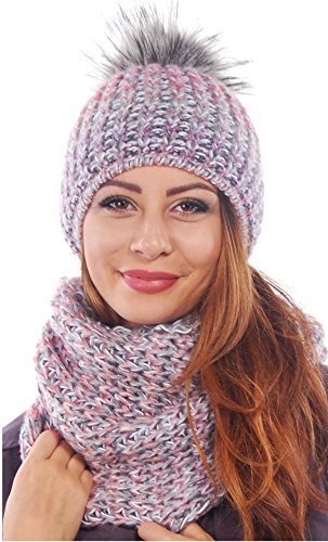 Gorro de punto para mujer con pompón y bufanda, talla única K3 Rosa. Talla única