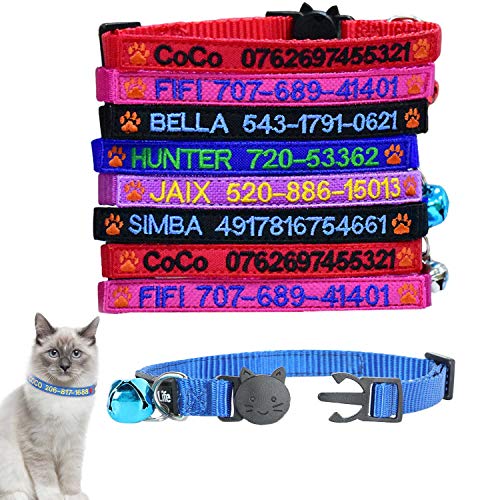 Graceful life Collar de gato personalizado para identificación de gato con nombre de mascota bordado collar de seguridad para teléfono con campana (logotipo de pata)