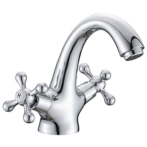 Grifo mezclador con dos mandos en cruz para lavabo, estilo victoriano tradicional, vintage, cromado Grifo mezclador con dos mandos en cruz para lavabo, estilo victoriano tradicional, vintage, cromado