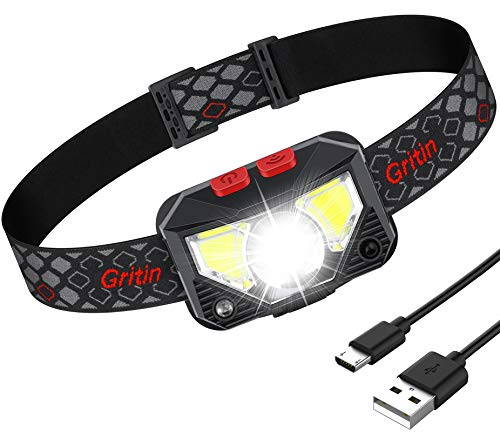 Gritin Linterna Frontal LED Recargable, Linterna Frontal Cabeza USB COB 8 Modos con Sensor y Luz Roja 500 Lúmenes Alto Brillante Ajustable Impermeable para Correr, Acampar, Excursión, Pesca, Ciclismo Gritin Linterna Frontal LED Recargable, Linterna Frontal Cabeza USB COB 8 Modos con Sensor y Luz Roja 500 Lúmenes Alto Brillante Ajustable Impermeable para Correr, Acampar, Excursión, Pesca, Ciclismo