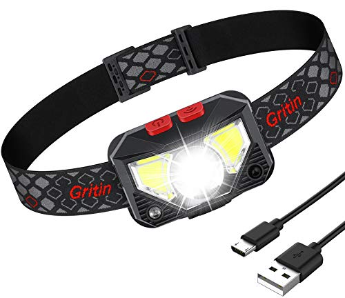 Gritin Linterna Frontal LED Recargable, Linterna Frontal Cabeza USB COB 8 Modos con Sensor y Luz Roja 500 Lúmenes Alto Brillante Ajustable Impermeable para Correr, Acampar, Excursión, Pesca, Ciclismo