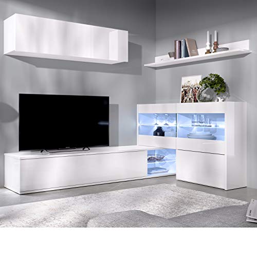 HABITMOBEL Mueble salón Rinconero Moderno con Leds, Acabado en Blanco Brillo Lacado, Medidas: 201x41 cm de Fondo HABITMOBEL Mueble salón Rinconero Moderno con Leds, Acabado en Blanco Brillo Lacado, Medidas: 201x41 cm de Fondo