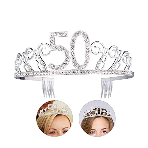 Happy Birthday Tiara de cumpleaños Tiara Corona de cumpleaños 50 diadema, 50 años para mujeres tocado de cristal corona, Tiara con peine de cristal brillantes plata regalo de cumpleaños