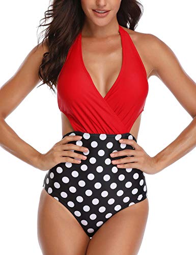 heekpek Mujeres Retro Cintura Alta Trajes de Baño Una Pieza Polka Dot Bañador Trajes de Brasileño Conjunto de Bikini Color Liso Push up Bralette