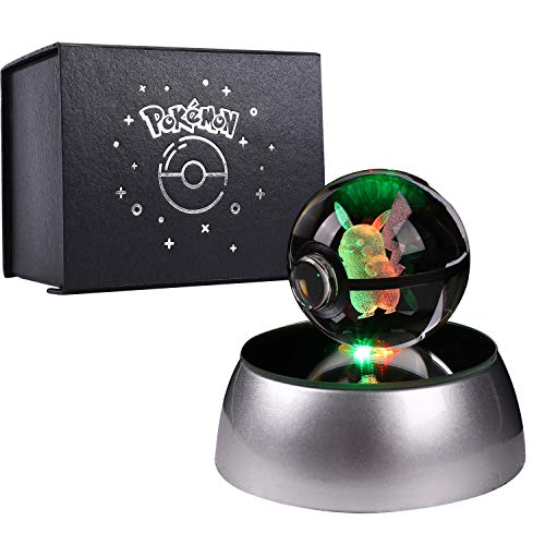 Herefun 3D Bola de Cristal Luz Nocturna Lámpara Pokémon Series Laser Engraving Regalo de Navidad Para Niños 50mm Ball Base de Decoloración Automática - Pikachu