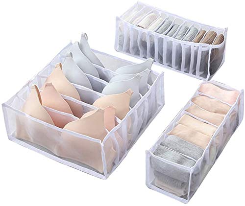 Heyzen 3PCS Foldable Underwear Storage Box Compartment,Includes 6/7/11 Cell Collapsible Bra Drawer Organiser Closet Dividers Storage Box for Storing Underwear Bra Socks Panties (White)