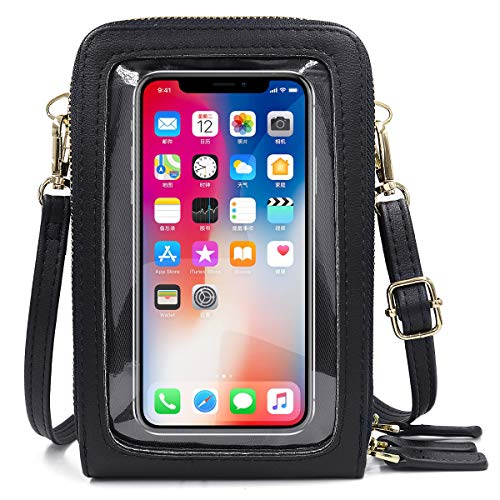 HNOOM Bolso Movil Mujer con Pantalla Táctil, Bolso Bandolera Móvil, Bolso Pequeño Bandolera para Damas Mujeres con Ranuras para Tarjeta de Correa (Negro-3)