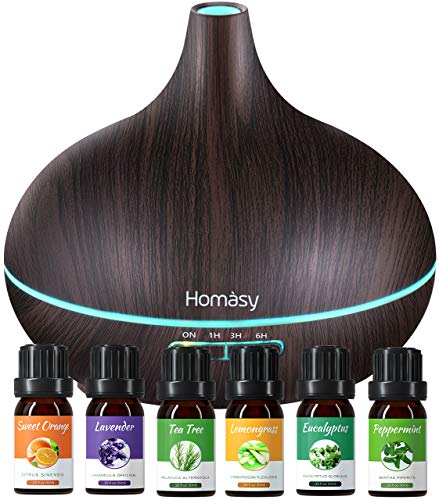 Homasy 500ml Difusor de Aromaterapia con 6 Botellas de Aceite Esencial 100% Puro, Difusor de Aroma Silencioso y Silencioso, 7 Luces LED de Color, sin BPA para el Hogar y la Oficina, Marrón