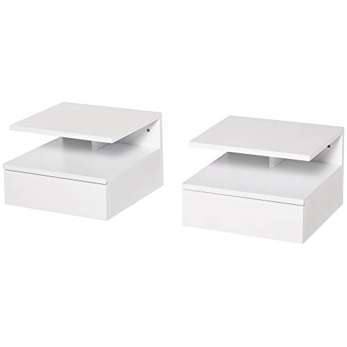 HOMCOM Juego de 2 Mesitas de Noche Flotantes con 1 Cajón y Estante Abierto Diseño Montado en Pared Moderno de Madera 35x32x22,5 cm Blanco