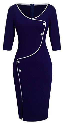 Homeyee - Vestido de fiesta, diseño ceñido y elegante con detalle de botones, con mangas, B329 azul azul oscuro 42