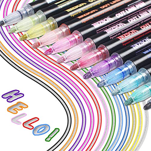 Hongshengchang 12 Newest Colours Double Line Outline Pens, Two-Line Shimmer Marker Pens Outline Metallic Marker Pens for Birthday Greeting, Scrap Booking, Painting, DIY Art Crafts