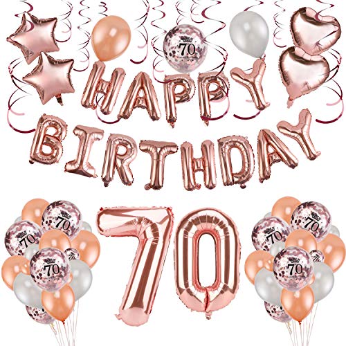 HOWAF Decoración de cumpleaños 70 en Oro Rosa para Mujeres, 59 Piezas Feliz cumpleaños Decoración Globos Guirnalda Banner 70 Años Globos de Confeti y Estrella Corazon Globos de Aluminio
