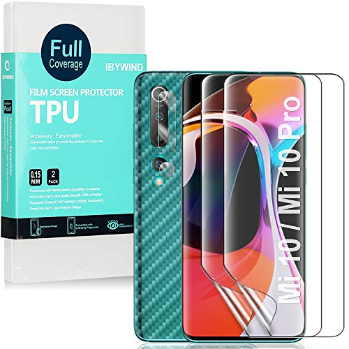 Ibywind Protector de Pantalla para Mi 10 / Mi 10 Pro [2 Piezas],con Protector de Lente de Cámara,Atrás Pegatina Protectora Fibra de Carbono,[Admite la función de Huella Digital]