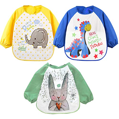 Inntek 3pcs Babero para Niños, Babero Impermeable, Babero Lavable, Babero Infantil, Babero para Comer para Niño 70-135CM 1-7 Años 9-32KG Longitud 49.5CM con Manga 36CM EVA Fácil de Limpiar