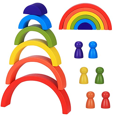 Japace Bloques De Madera Arcoíris, Apilador De Arco Iris Juguetes Puzzle de Anidamiento, 6 Color Montessori Educativos Bloques De Construcción para Niño Niña Bebé