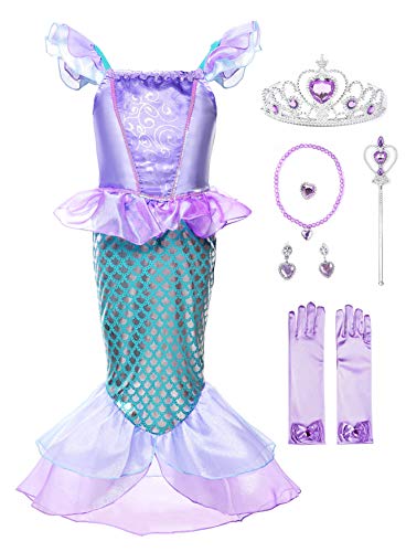 JerrisApparel Niñas Princesa Sirena Vestido Navidad Traje Fiesta Cumpleaños Disfraz (6 años, Lila con Accesorios 1)