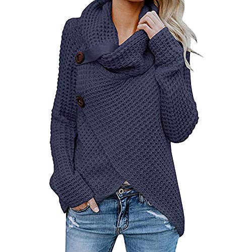 Jerseys De Punto para Mujer Cuello de Tortuga Manga Larga Suelto Prendas de Punto Suéter Irregular Jerséis Collar de la Pila Tops Cálido Otoño Invierno riou