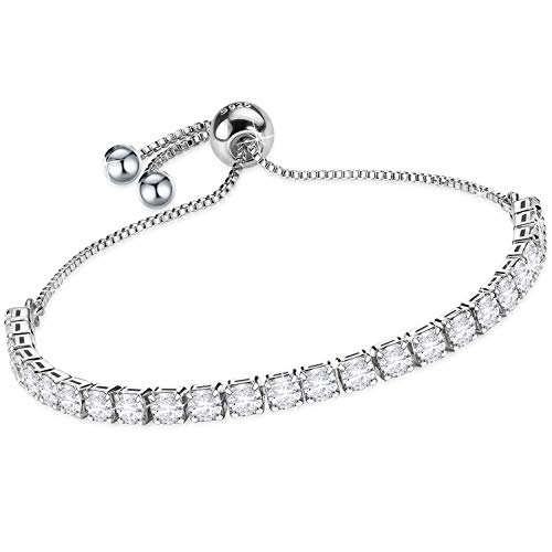 J.Fée Pulsera de Plata esterlina para Mujer Pulsera Ajustable de Tenis de Cristal S925 Pulsera de Diamante Brillante Elegante Caja de Regalo de cumpleaños de Aniversario para Esposa Mamá Novias