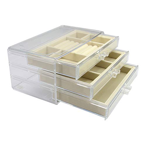Joyero de 3 cajones | Clear Ring Display | Titular de pendiente de acrílico | Collar transparente de almacenamiento | Caja de pulsera | Pukkr (Crema) Joyero de 3 cajones | Clear Ring Display | Titular de pendiente de acrílico | Collar transparente de almacenamiento | Caja de pulsera | Pukkr (Crema)