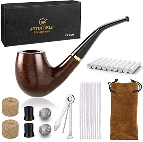 Joyoldelf Pipa de Fumar de Madera del Tabaco, Pipas de Tabaco de Pera con Limpiadores de Pipa, Filtros de Pipa de 9 mm, Espátula de Pipa 3 en 1, Con Bolsillo de Pipa y Caja de Regalo