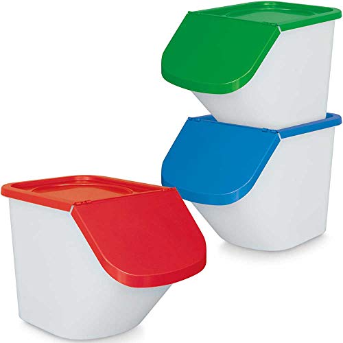 Juego de 3 recipientes de 40 litros con tapa extraíble, apilable, cuerpo blanco, tapa azul/verde/rojo Juego de 3 recipientes de 40 litros con tapa extraíble, apilable, cuerpo blanco, tapa azul/verde/rojo