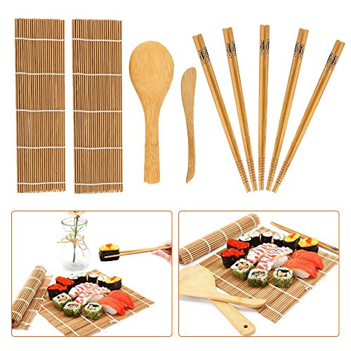 Juego de 9 piezas para hacer sushi de bambú para principiantes, incluye 2 alfombrillas de bambú para liar de bambú, 5 pares de palillos, 1 pala de arroz, 1 esparcidor de arroz. Juego de 9 piezas para hacer sushi de bambú para principiantes, incluye 2 alfombrillas de bambú para liar de bambú, 5 pares de palillos, 1 pala de arroz, 1 esparcidor de arroz.