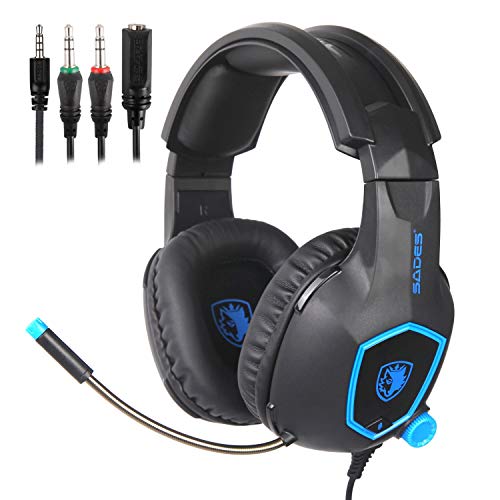 Juego de auriculares, Sades SA818 PS4 juego de auriculares para Xbox uno, PC, switch, Tablet, ordenador portátil de Nintendo, móvil, con micrófono (negro y azul)