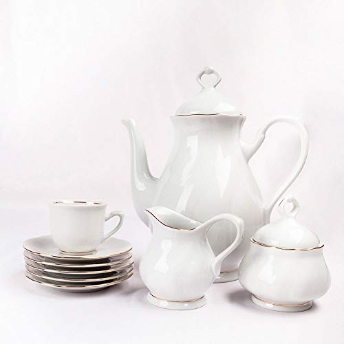 Juego de Café de porcelana blanco Filo de Oro 27 piezas - 12 Tazas, 12 Platitos, 1 Cafetera, 1 Lechera, 1 Azucarero | Modelo Francés Lubeck